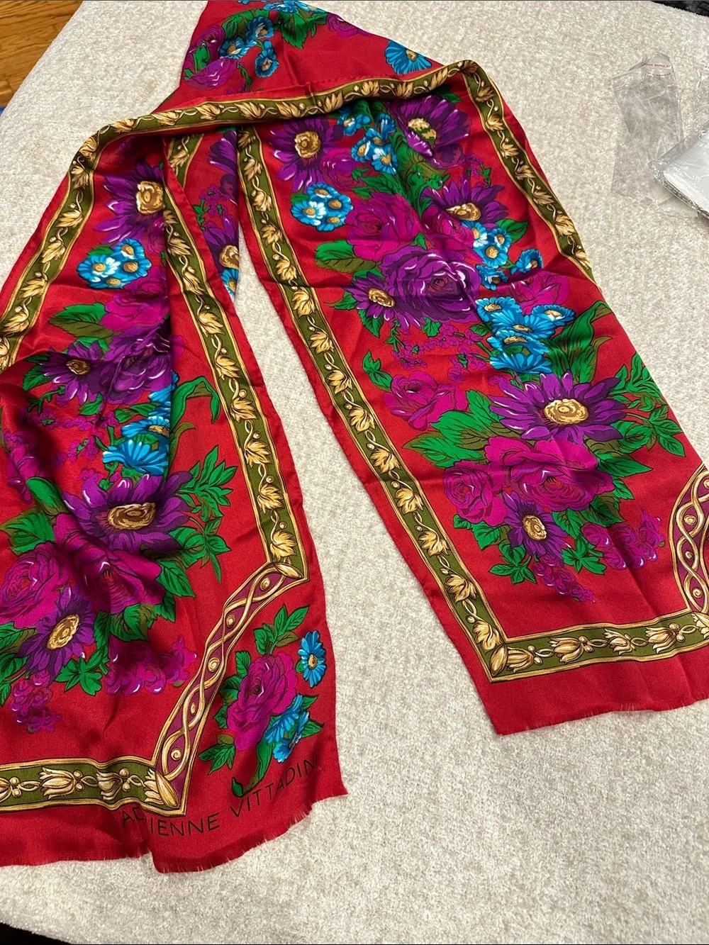 Adrienne Vittadini Red Floral Hair Scarf with Purple, Blue and Green Accents